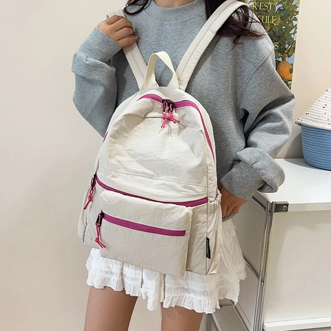 Sac à Dos Mode Femme Grande Capacité Sac à Épaule Voyage Style Coréen Léger Cuir Synthétique Sac Scolaire Fermeture Éclair Contraste