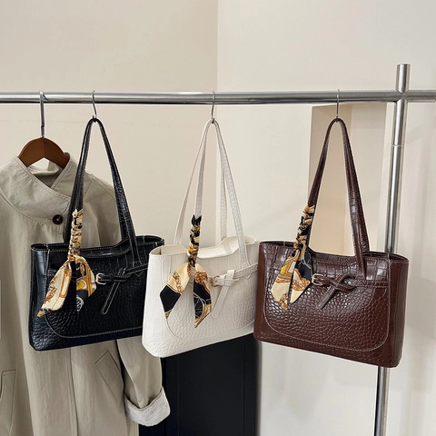 Γυναικεία Μόδα Μεγάλη Χωρητικότητα Τσάντα Tote με Μοτίβο Κροκόδειλου Τσάντα Ώμου από Δέρμα PU με Διακοσμητικό Μεταξωτό Μαντήλι Κομψή Τσάντα Χειρός