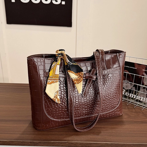 Damen Mode PU Leder Krokodilmuster Tragetasche Mit Satin Schal Große Kapazität Urban Einfache Täglich Pendler Umhängetasche