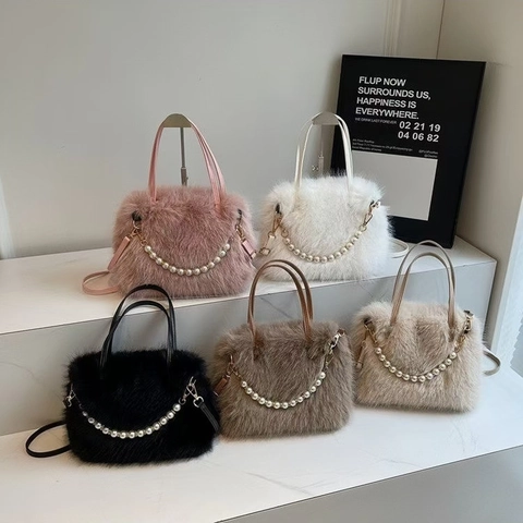 Süße Plüsch Handtasche Für Damen Koreanischer Stil Kunstpelz Umhängetasche Mit Künstliche Perlenkette Weiche Winter Tote Tasche