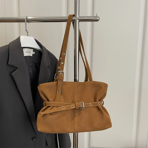 Damen Retro Kunstleder Schultertasche Mit Gürtelschnalle Pendeln Achselhöhle Tote Bag Urban Einfach Lässige Große Handtasche