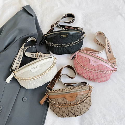 Women Letter Print Chest Bag Nylon Crossbody Saddle Bag With Gold Chain Fashion Wide Strap Casual Leisure Waist Pack