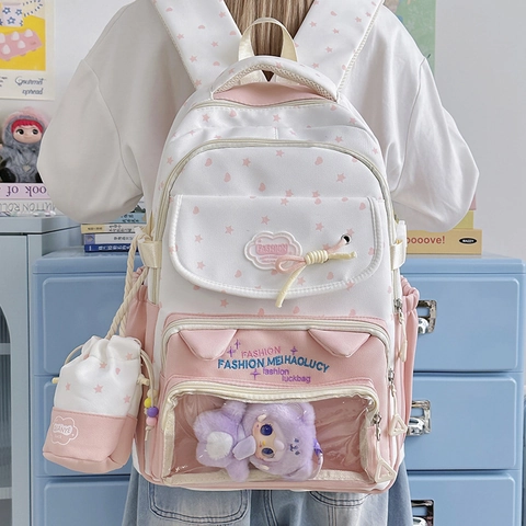Schattige Ster Kattenoren Rugzak Voor Meisjes Grote Capaciteit Japanse Preppy Schooltas Met Bijpassend Etui Transparant Venster