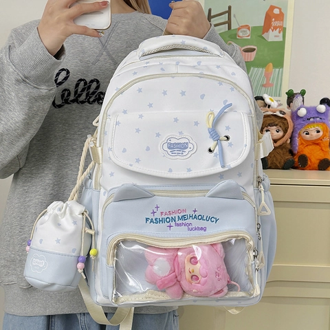 Schattige Ster Kattenoren Rugzak Voor Meisjes Grote Capaciteit Japanse Preppy Schooltas Met Bijpassend Etui Transparant Venster