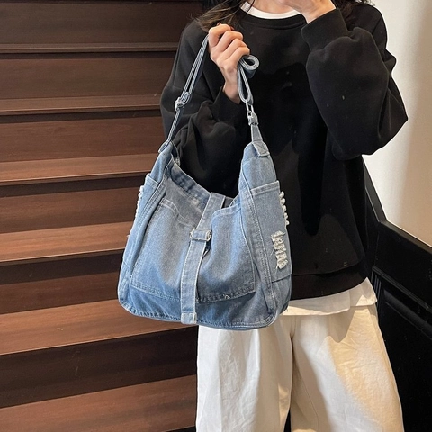 Vintage Washed Denim Tote Tas Voor Vrouwen Grote Capaciteit Crossbodytas Retro Casual Distressed Schoudertas Voor Dagelijks Gebruik