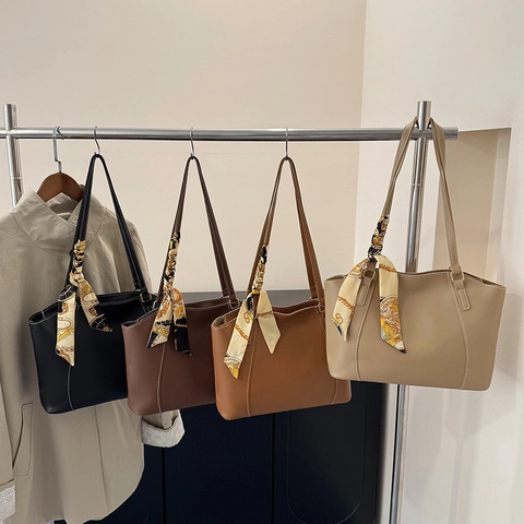 Women Large Capacity Synthetic Leather Tote Bag With Satin Scarf Decor Minimalist Contrast Stitching Shoulder Bag For Work Daily