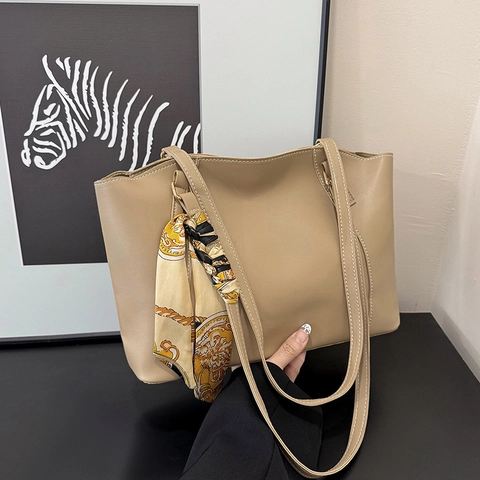 Women Large Capacity Synthetic Leather Tote Bag With Satin Scarf Decor Minimalist Contrast Stitching Shoulder Bag For Work Daily