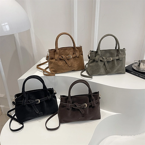 Women Retro Suede Look Handbag Faux Leather Shoulder Crossbody Bag With Belt Buckle Vintage Top Handle Satchel Bag