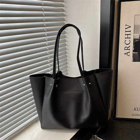 Bolso Tote de Cuero Sintético de Gran Capacidad para Mujer Minimalista con Remaches Color Sólido Bolso de Hombro Retro Moda de Mano