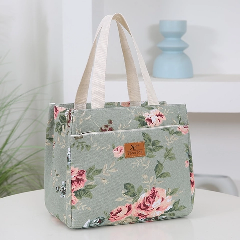 Insulated Lunch Bag Floral Printed Large Capacity Portable Nylon Thermal Tote With Aluminum Foil Lining For School Office Women