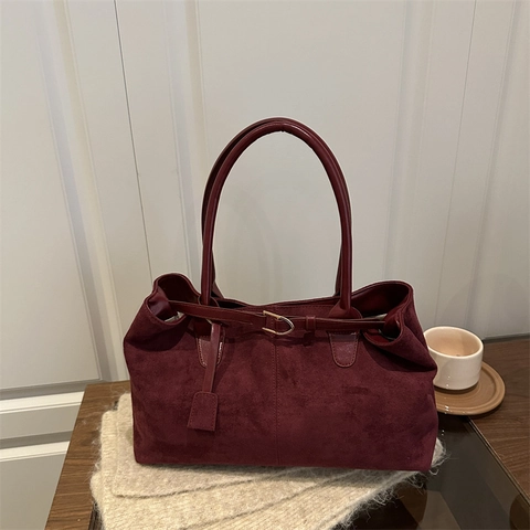 Damen Große Kapazität Kunstleder Tote Bag Vintage Wildlederstruktur Minimalistisch Schulter Unterachsel Tasche Mit Metallschnalle