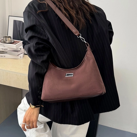 Bolso de Hombro de Cuero Sintético Vintage para Mujer Textura de Ante Minimalista Media Luna Bolso de Axila Retro Elegante Hobo