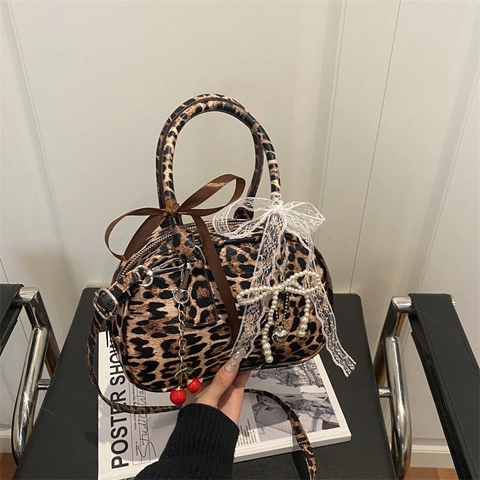 Vintage Leopard Print Boston Bag Women Cherry Charm Pearl Bow Decor Synthetic Leather Shoulder Handbag Casual Crossbody Bag