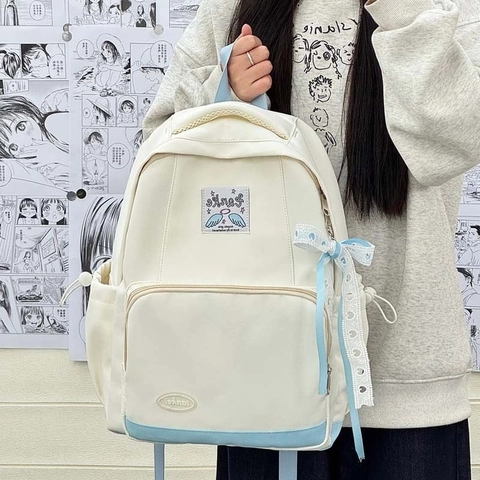 Sac à Dos en Nylon de Style Preppy Coréen pour Femmes Adolescentes Sac d'École Nœud Papillon Ailes d'Ange Grande Capacité Sac de Jour Décontracté