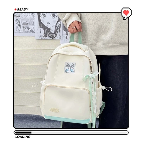 Sac à Dos en Nylon de Style Preppy Coréen pour Femmes Adolescentes Sac d'École Nœud Papillon Ailes d'Ange Grande Capacité Sac de Jour Décontracté