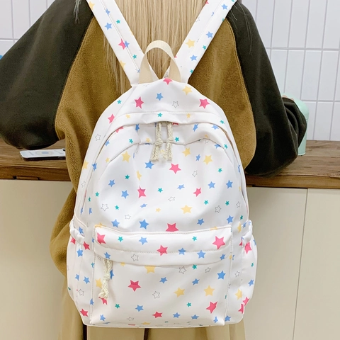 Zaino Scolastico in Nylon con Stampa a Stelle Colorate per Donna Ragazza Zainetto Casual Bianco con Motivo a Stelle Grande Capacità Borsa da Viaggio