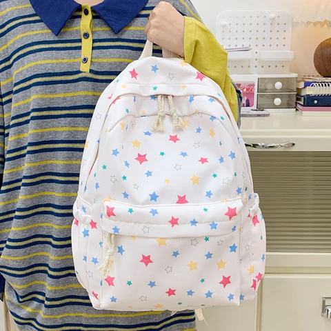 Zaino Scolastico in Nylon con Stampa a Stelle Colorate per Donna Ragazza Zainetto Casual Bianco con Motivo a Stelle Grande Capacità Borsa da Viaggio
