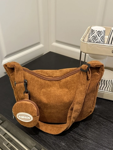 Women Corduroy Hobo Bag Large Capacity Striped Crossbody Bag With Matching Coin Purse Casual Solid Color Shoulder Bag