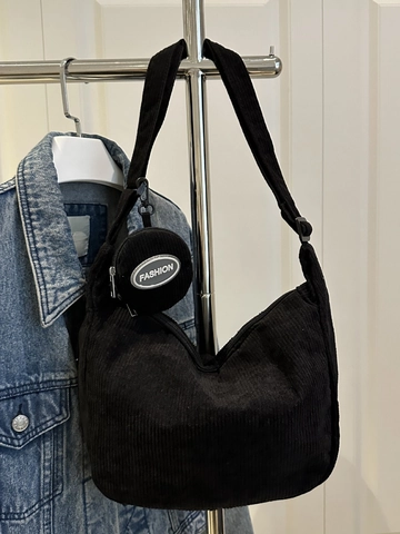 Women Corduroy Hobo Bag Large Capacity Striped Crossbody Bag With Matching Coin Purse Casual Solid Color Shoulder Bag