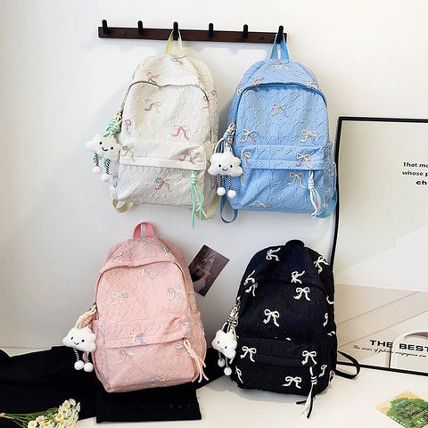 Women Ribbon Embroidery Quilted Backpack Large Capacity Lightweight Nylon School Bag Fashion Urban Casual Daypack For Girls