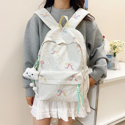 Women Ribbon Embroidery Quilted Backpack Large Capacity Lightweight Nylon School Bag Fashion Urban Casual Daypack For Girls