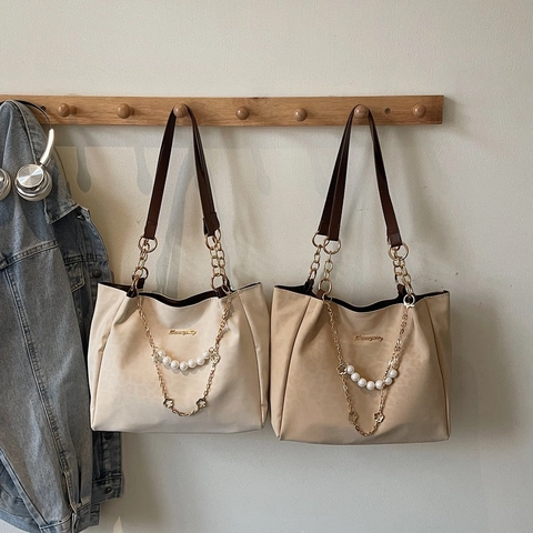 Damen Tote Bag Mit Großer Kapazität Schicke Urbane Perlenkette Deko Kunstleder Umhängetasche Kontrast Pendler Handtasche