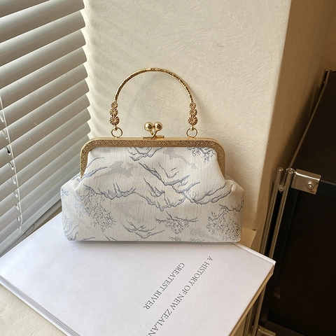 Vintage Satijn Jacquard Landschapspatroon Beugeltas Retro Metalen Handvat Avond Clutch Handtas Bruiloft Feesttas Voor Dames