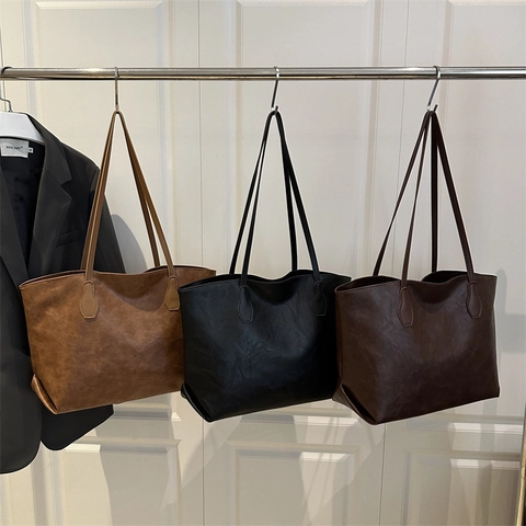 Vintage Synthetic Leather Tote Bag Large Capacity Minimalist Shoulder Bag For Women Commuting Retro Fashion Handbag