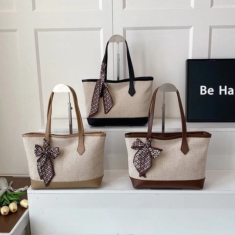 Damen Urban Minimalistisch Kunstleder Segeltuch Spleißen Tragetasche Mit Satinschal Große Kapazität Täglich Schultertasche Handtasche