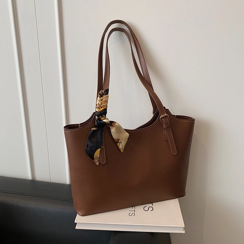 Damen Große Kapazität Tote Bag Vintage Kunstleder Schultertasche Mit Bedrucktem Seidenschal Minimalistische Pendler Handtasche