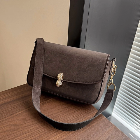 Bolso de Hombro de Cuero PU Retro para Mujer Con Cierre de Cacahuete Minimalista Solapa Bolso Bandolera Bolso de Mano