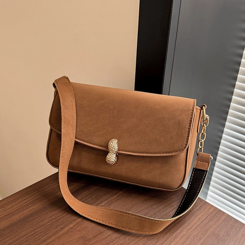 Bolso de Hombro de Cuero PU Retro para Mujer Con Cierre de Cacahuete Minimalista Solapa Bolso Bandolera Bolso de Mano