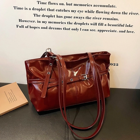 Women Glossy Patent Synthetic Leather Tote Bag Large Capacity Retro Shoulder Bag With Decorative Belt Buckle Commuter Underarm Bag