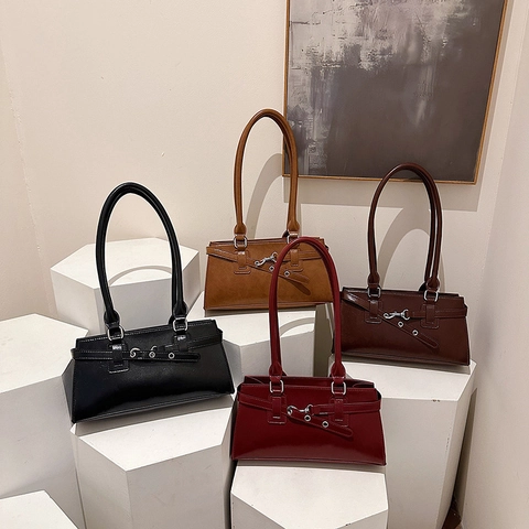 Vintage PU Leather Underarm Shoulder Bag For Women Retro Solid Color Minimalist Tote Handbag With Belt Buckle Chic Fashion Purse