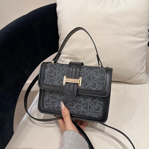 Women Retro Monogram Print Small Square Bag Synthetic Leather Shoulder Crossbody Handbag With Metal Buckle