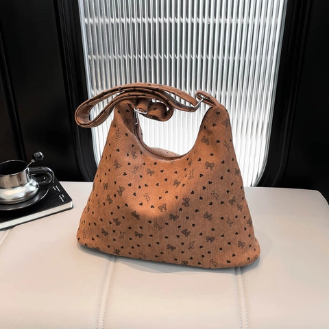 Bolso de Hombro de Pana Vintage para Mujer Estampado de Corazón y Lazo Bolso Hobo Gran Capacidad Correa Ajustable Bolso Tote Casual
