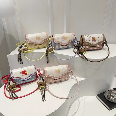Sac à Bandoulière Patchwork à Carreaux Doux pour Femmes en Simili Cuir Motif de Pomme à Pois Sac à Main avec Nœud Papillon Quotidien