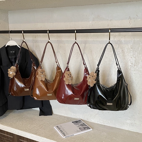 Women Large Capacity Synthetic Leather Tote Bag Minimalist Solid Color Retro Shoulder Crossbody Bag Fashion Daily Hobo Bag