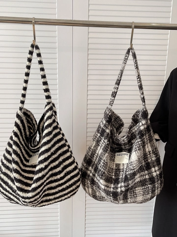 Γυναικεία Vintage Lazy Style Λούτρινη Τσάντα Tote Μεγάλη Χωρητικότητα Μαύρο Λευκό Ριγέ Καρό Τσάντα Ώμου Μαλακή Τσάντα Μετακίνησης