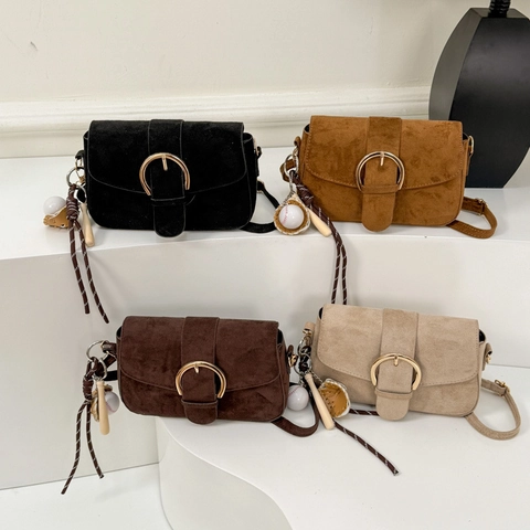 Bolso de Hombro Retro para Mujer Textura de Ante Esmerilado Bolso Bandolera Hebilla Redonda Dorada Bolso Cuadrado Pequeño