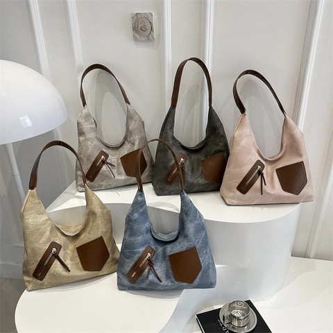 Vintage Large Capacity Washed Canvas Shoulder Bag Synthetic Leather Patchwork Hobo Tote Bag For Women Casual Daily Travel Shopping Bag