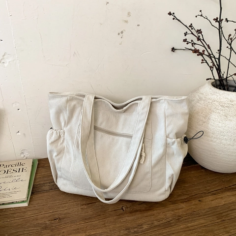 Women Large Capacity Corduroy Tote Bag Minimalist Solid Color Shoulder Bag Casual Shopper Bag With Bear Pendant Decoration