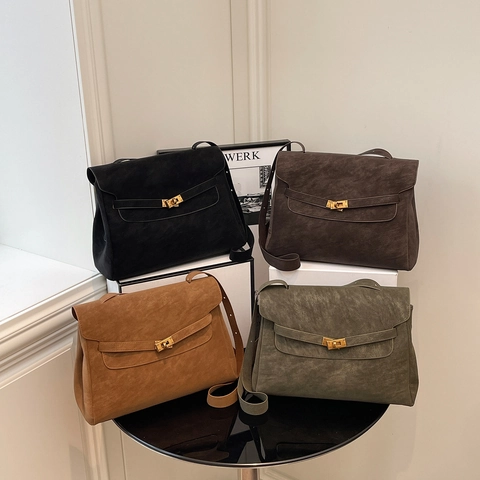 Bolso de Hombro de Cuero Sintético Vintage de Gran Capacidad para Mujer Color Sólido Textura de Ante Maletín de Axila Con Cerradura