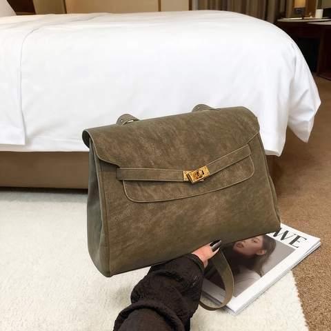 Bolso de Hombro de Cuero Sintético Vintage de Gran Capacidad para Mujer Color Sólido Textura de Ante Maletín de Axila Con Cerradura