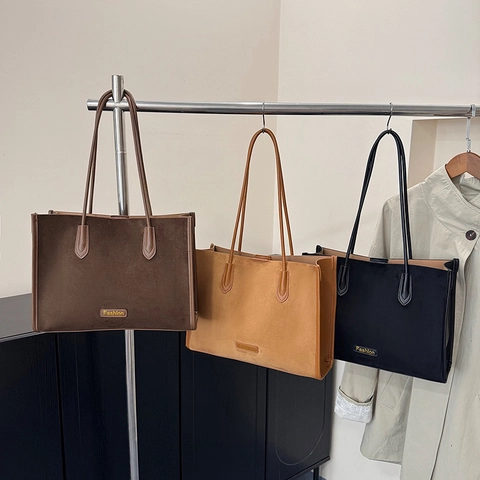 Vintage Grote Capaciteit Tote Bag Voor Vrouwen Mode Letter Mat Wollen Schoudertas Minimalistisch Casual Dagelijks Handtas