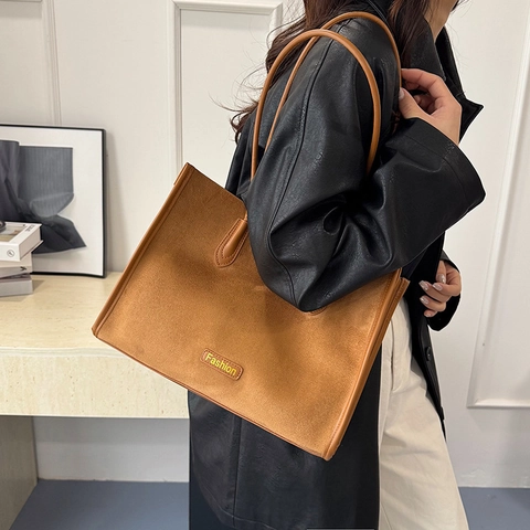 Vintage Grote Capaciteit Tote Bag Voor Vrouwen Mode Letter Mat Wollen Schoudertas Minimalistisch Casual Dagelijks Handtas