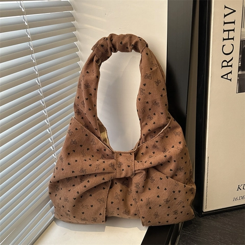 Damen Vintage Cord Schultertasche Mit Großer Schleife Herz Schleifendruck Mode Casual Weich Tote Handtasche Für Den Alltag