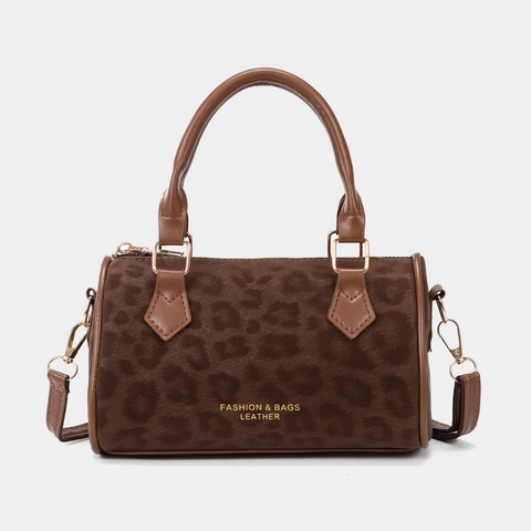 Vintage Koreanischer Stil Leopardenmuster Boston Tasche Für Damen Wildleder Schultertasche Umhängetasche Kissentasche Handtasche