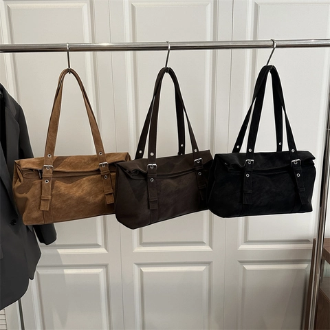 Women Retro Faux Suede Tote Bag Large Capacity Commute Shoulder Bag With Buckle Decoration Solid Color Vintage Underarm Bag