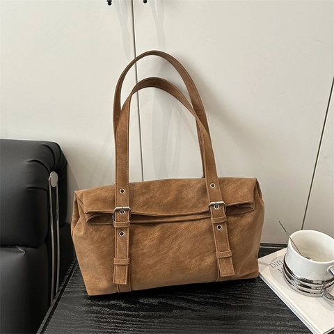 Women Retro Faux Suede Tote Bag Large Capacity Commute Shoulder Bag With Buckle Decoration Solid Color Vintage Underarm Bag